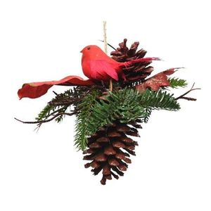 Ornament - Deco Pineconehanger with Bird - Green and Red | Kaemingk imagine