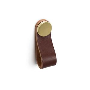 Maner, buton Flexa din piele maro pentru mobilier, cu ornament finisaj alama, L= 70 mm - Viefe imagine