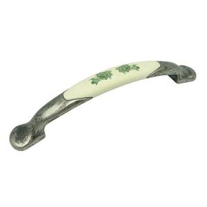 Maner pentru mobila cu insertie rasina floare verde, finisaj argint oxidat, 128 mm - Malle imagine