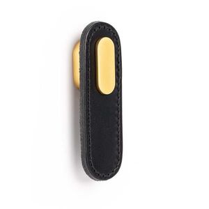 Maner, buton Oblong din piele neagra pentru mobilier, cu ornament finisaj auriu periat, L 70 mm imagine