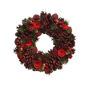 Decoratiune - Wreath Pnecone Berries, Baubles, Wooden Flowers, Glitter - Red | Kaemingk imagine