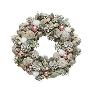 Decoratiune - Wreath Pinecone White Wash - Glitter Pearls, Pink Baubles, Cottonballs | Kaemingk imagine