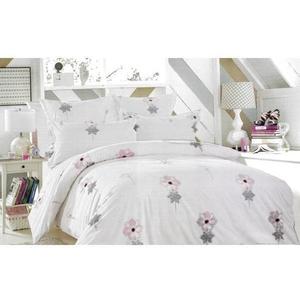 Lenjerie de pat in nuante de roz palid si gri, dimensiuni 230x250cm, cu model floral, 4 piese, bumbac satinat imagine