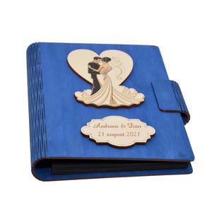 Guestbook din lemn personalizat, Caiet de amintiri, albastru, A5, pentru nunta, Piksel, pix si lipici inclus imagine