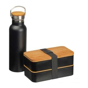 Set cutie de pranz, sticla de baut din otel, 500 ml, negru + 3 tacamuri, suport din lemn Piksel inclus imagine