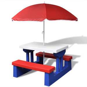 vidaXL Masă de picnic pentru copii cu bănci & umbrelă, multicolor imagine