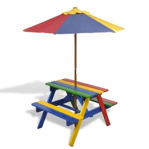 vidaXL Masă de picnic pentru copii cu bănci & umbrelă, lemn multicolor imagine