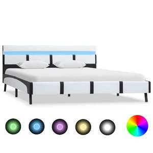 vidaXL Cadru de pat cu LED, alb, 140 x 200 cm, piele ecologică imagine