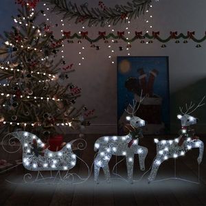 vidaXL Decor de Crăciun cu reni și sanie, 60 LED-uri argintiu exterior imagine