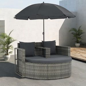 vidaXL Canapea de grădină cu 2 locuri cu perne & umbrelă gri poliratan imagine