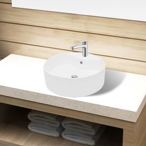Chiuvetă de baie din ceramică, orificiu robinet/preaplin, rotund, alb imagine