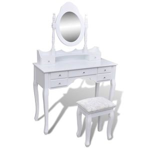 vidaXL Masă de toaletă cu oglindă și taburet, 7 sertare, alb imagine