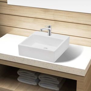 Chiuvetă de baie din ceramică cu orificiu pentru robinet, pătrat, alb imagine