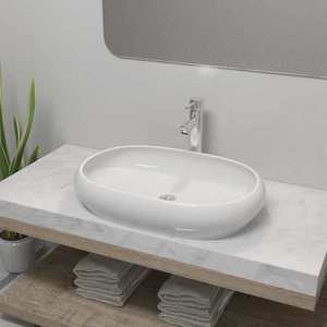 vidaXL Chiuvetă de baie cu robinet mixer, ceramic, oval, alb imagine