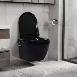 vidaXL Vas WC suspendat fără ramă cu funcție de bideu, negru, ceramică imagine