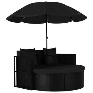 vidaXL Pat de grădină cu umbrelă de soare, negru, poliratan imagine