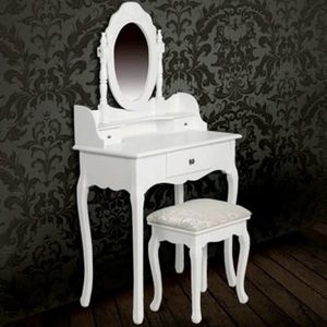 Masă de toaletă cu oglindă și taburet, alb imagine