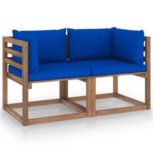 vidaXL Canapea din paleți de grădină 2 locuri perne albastre, lemn pin imagine