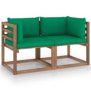 vidaXL Canapea din paleți de grădină, 2 locuri, perne verzi, lemn pin imagine