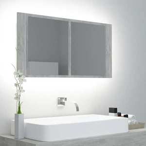 vidaXL Dulap de baie cu oglindă & LED, gri beton, 90x12x45 cm acril imagine