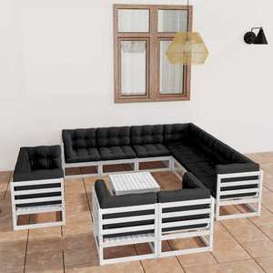 vidaXL Set mobilier de grădină cu perne, 12 piese, alb, lemn masiv pin imagine