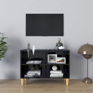 vidaXL Comodă TV, picioare lemn masiv, negru extralucios 69, 5x30x50 cm imagine