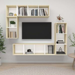 vidaXL Set de dulapuri TV, 4 piese, alb/stejar sonoma, lemn prelucrat imagine