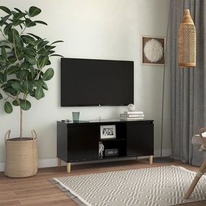 vidaXL Comodă TV, picioare lemn masiv, negru, 103, 5x35x50 cm imagine