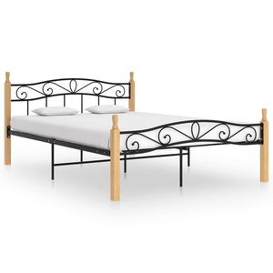 vidaXL Cadru de pat, negru, 160x200 cm, metal și lemn masiv de stejar imagine
