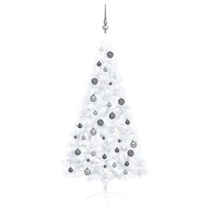 vidaXL Jumătate brad Crăciun pre-iluminat cu set globuri, alb, 150 cm imagine