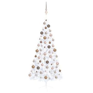 vidaXL Jumătate brad Crăciun pre-iluminat cu set globuri, alb, 180 cm imagine