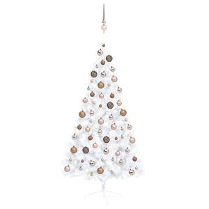 vidaXL Jumătate brad Crăciun pre-iluminat cu set globuri, alb, 150 cm imagine