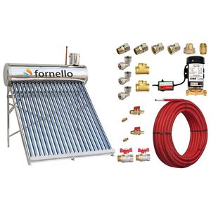 Pachet panou solar nepresurizat Fornello pentru producere apa calda, cu rezervor inox 165 litri, 20 tuburi vidate, vas flotor 5 litri, pompa ridicare presiune, teava hidronix si fitinguri montaj imagine