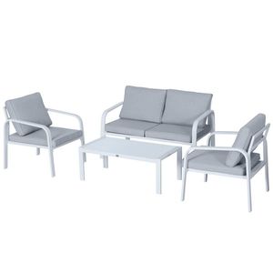 Outsunny Set Mobilier de Grădină 4 Piese, Canapea și Scaune din Aluminiu, Masa cu Blat de Sticlă, Alb și Gri | Aosom Romania imagine