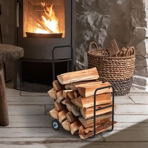 Suport pentru lemne de foc Suport lemne cu 2 roti carucior din metal, negru, 56x40x90.5cm Outsunny | Aosom RO imagine