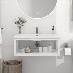 vidaXL Cadru chiuvetă de baie pentru perete, alb, 79x38x31 cm, fier imagine