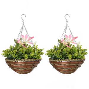 Outsunny Set din 2 plante artificiale clematic, cu cuier si lant pentru agatare, Ф30 x 32 cm, frunze verzi, flori albe si rosii imagine