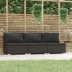 vidaXL Canapea de grădină cu perne, 3 locuri, negru, poliratan imagine