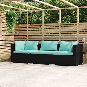 vidaXL Canapea de grădină cu perne, 3 locuri, negru, poliratan imagine