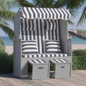 vidaXL Scaun de plajă cu perne, albastru&alb, poliratan&lemn masiv imagine