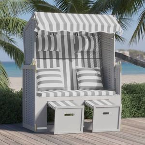 vidaXL Scaun de plajă cu perne, gri&alb, poliratan și lemn masiv imagine
