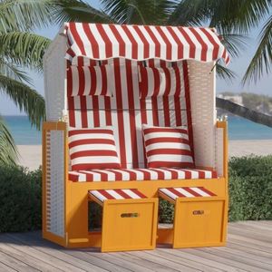 vidaXL Scaun de plajă cu perne, roșu/alb, poliratan și lemn masiv imagine