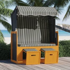 vidaXL Scaun de plajă cu baldachin, negru/gri, poliratan și lemn masiv imagine