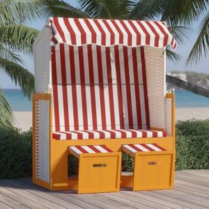 vidaXL Scaun de plajă cu baldachin, roșu/alb, poliratan și lemn masiv imagine