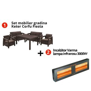 Pachet Set mobilier gradina maro Keter Corfu Fiesta + Incalzitor Varma V400/2-30X5 cu infrarosu 3000W IP X5 imagine