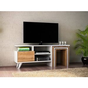Mobilier pentru living Nature, Furny Home, comoda TV si 3 masute, 120x29.5x49 cm, alb/natural imagine