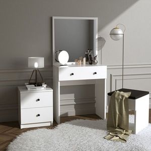 Masa de toaleta / machiaj cu oglinda, taburet si noptiera Nice, Elegance, 65x35x139 cm, alb imagine