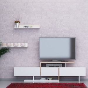Comoda TV cu 2 rafturi Ekol, Decorotika, 164x30x40 cm, alb/bej imagine