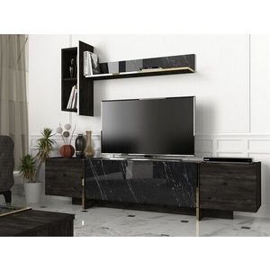 Comoda TV cu raft de perete Veyron, Talon, 180 x 45 cm/121.6 x 45 cm, negru/auriu imagine