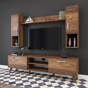 Comoda TV cu raft de perete si 2 cabinete M27 - 284, Wren, 180 x 35 x 48.6 cm/133 cm, walnut imagine